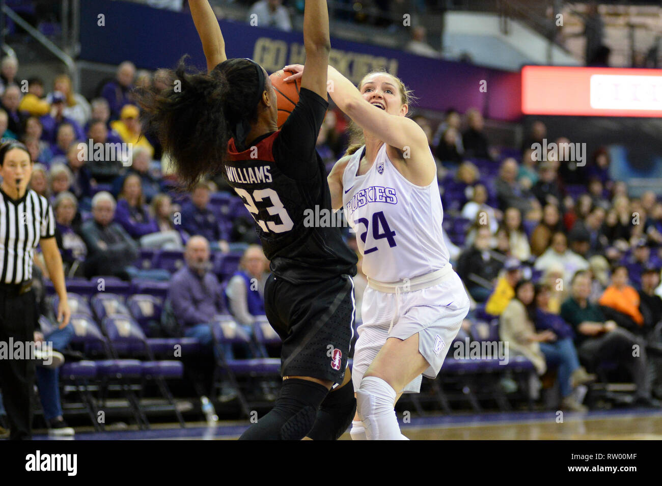 Seattle, WA, USA. 3rd Feb, 2019. KIANA WILLIAMS (23) defends against UW guard JENNA MOSER (24) in a PAC12 womens basketball game between the Washington Huskies and Stanford. The game was played at Hec Ed Pavilion in Seattle, WA. Jeff Halstead/CSM/Alamy Live News Stock Photo