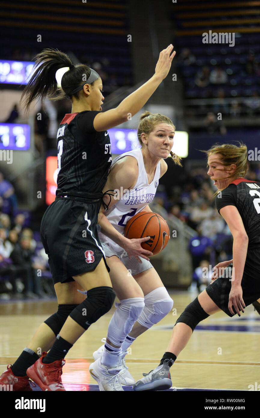 Seattle, WA, USA. 3rd Feb, 2019. Stanford's ANNA WILSON (3) defends against JENNA MOSER (24) in a PAC12 womens basketball game between the Washington Huskies and Stanford. The game was played at Hec Ed Pavilion in Seattle, WA. Jeff Halstead/CSM/Alamy Live News Stock Photo