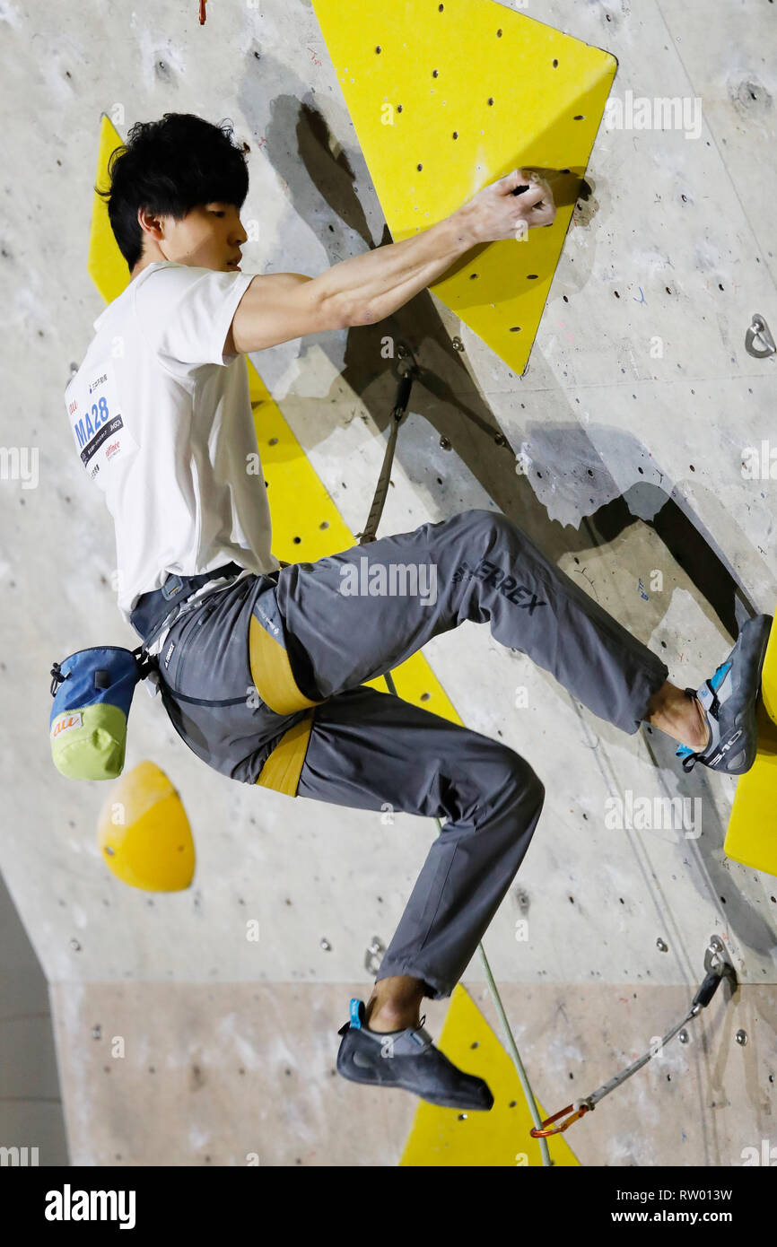 Inzai, Chiba, Japan. 3rd Mar, 2019. Kokoro Fujii Sport Climbing : The 32nd Lead Japan Cup Men's Final at Matsuyamashita Park Gymnasium in Inzai, Chiba, Japan . Credit: Naoki Morita/AFLO SPORT/Alamy Live News Stock Photo