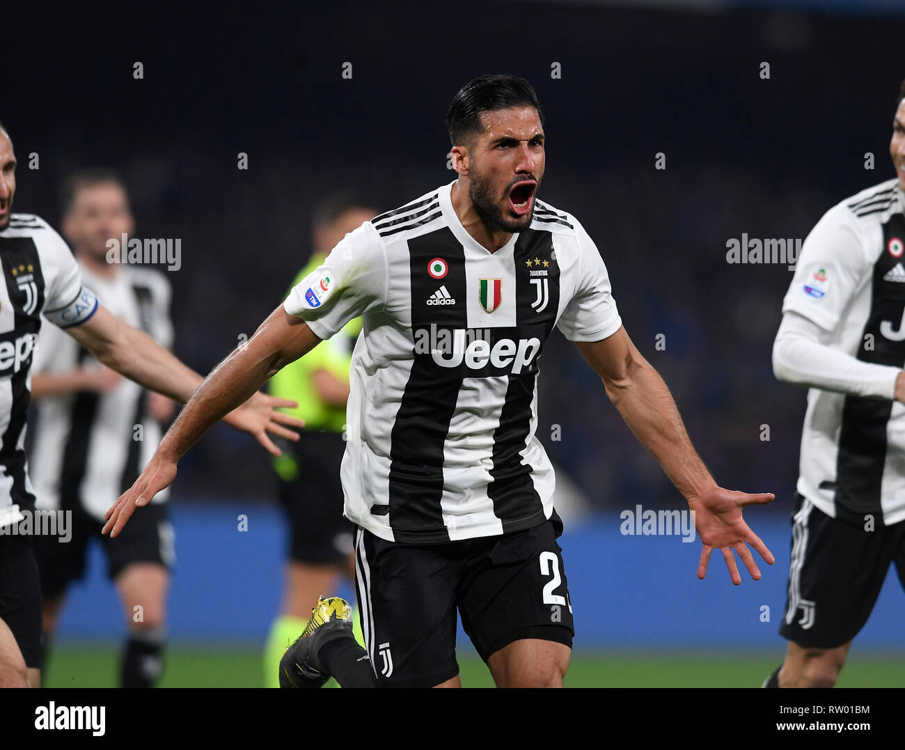 Napoli, Italy. 3rd Mar, 2019. Juventus's Emre Can (front) celebrates his  goal during a Serie A soccer match between Napoli and Juventus in Napoli,  Italy, March 3, 2019. Juventus won 2-1. Credit: