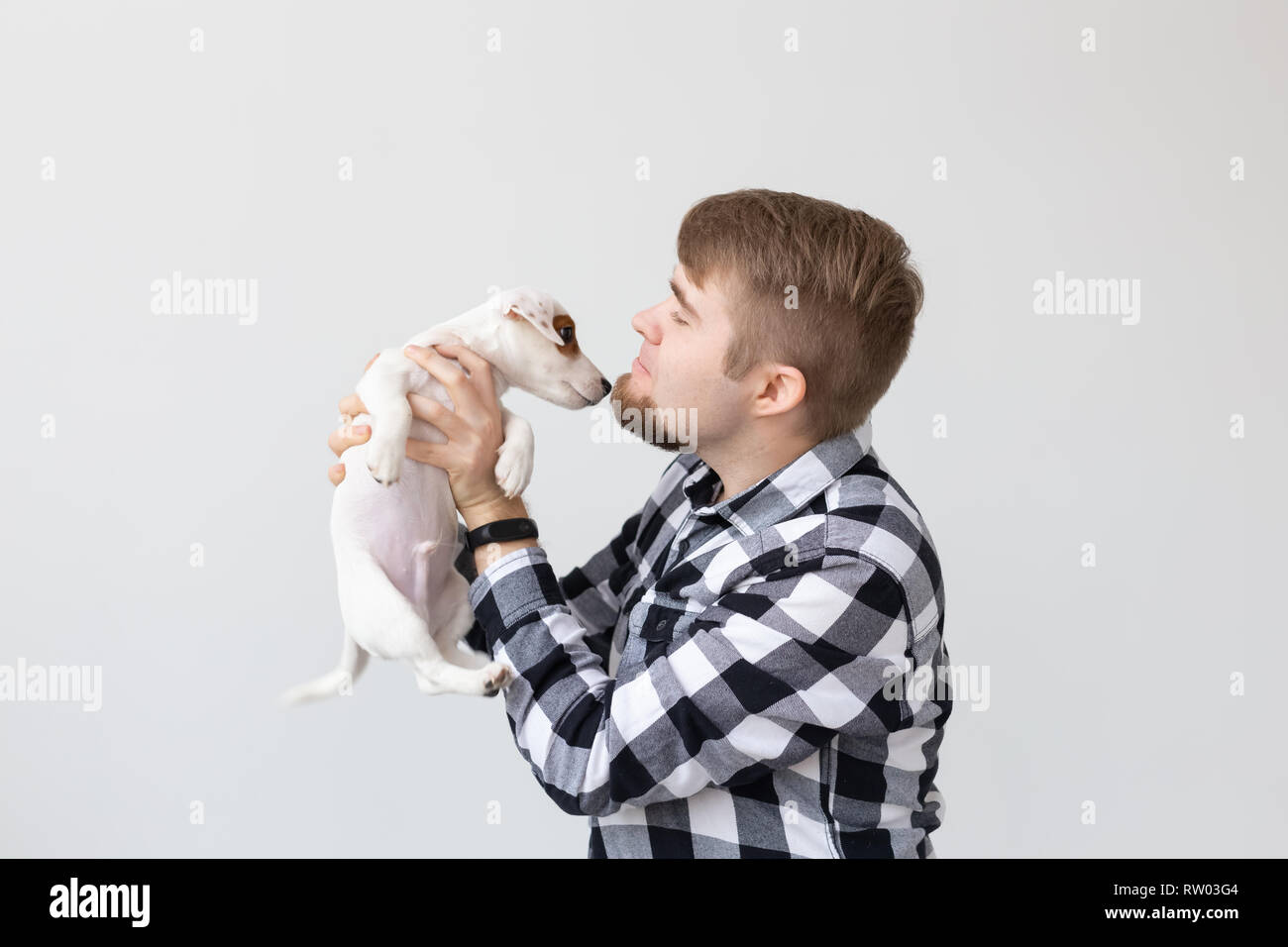 people, pets and animals concept - young man kissing jack russell terrier  puppy on white background Stock Photo - Alamy