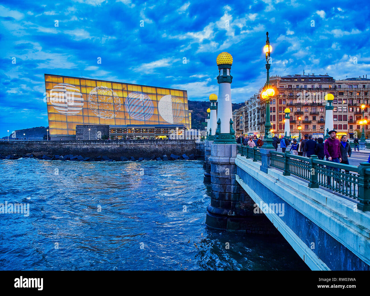 Kursaal bridge of San Sebastian at nightfall with The Kursaal Palace in the background. Donostia, Guipuzcoa. Spain Stock Photo