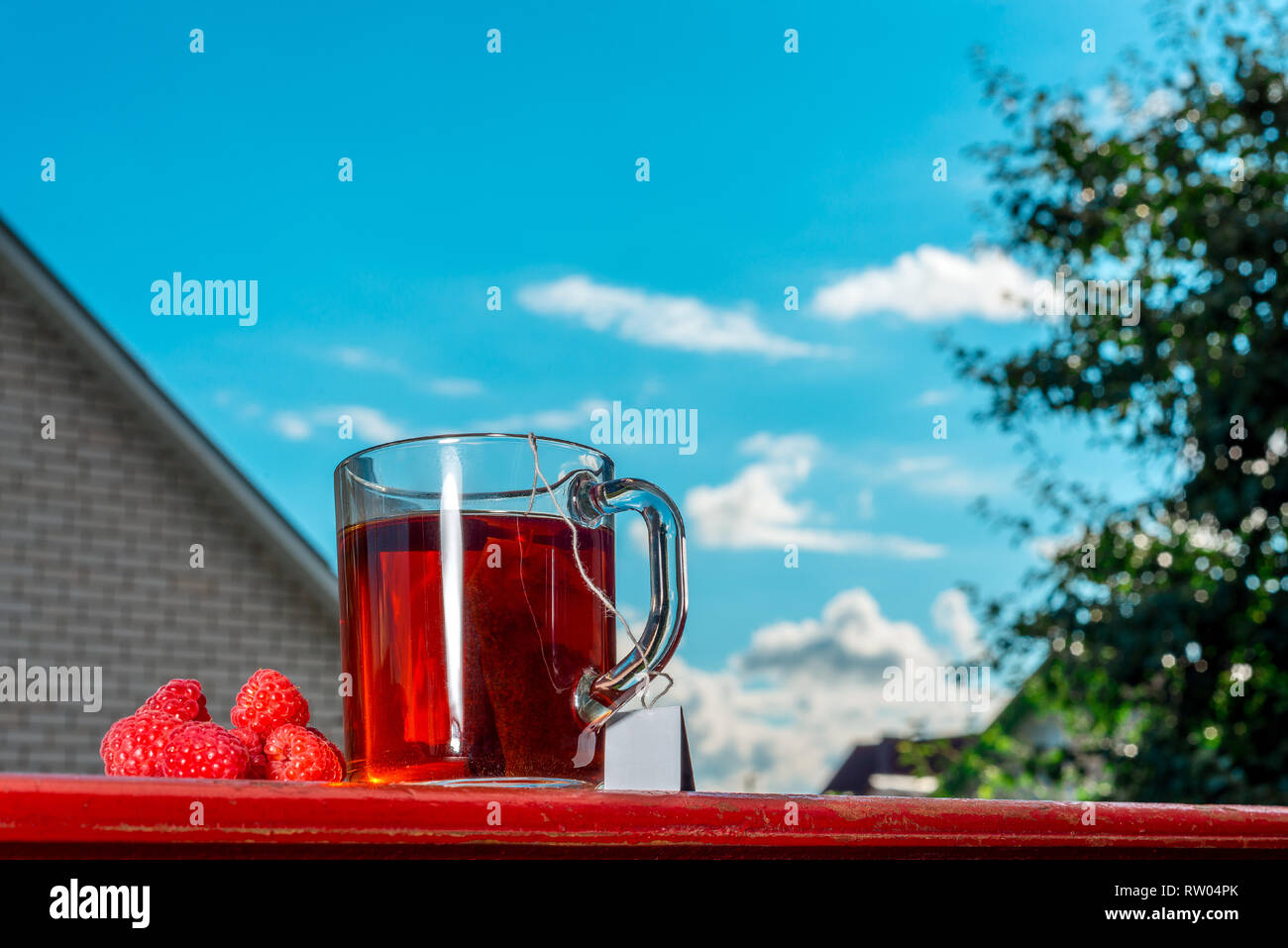 useful tea brewed from a bag with fresh, ripe raspberries on nature, against a blue sky with clouds Stock Photo