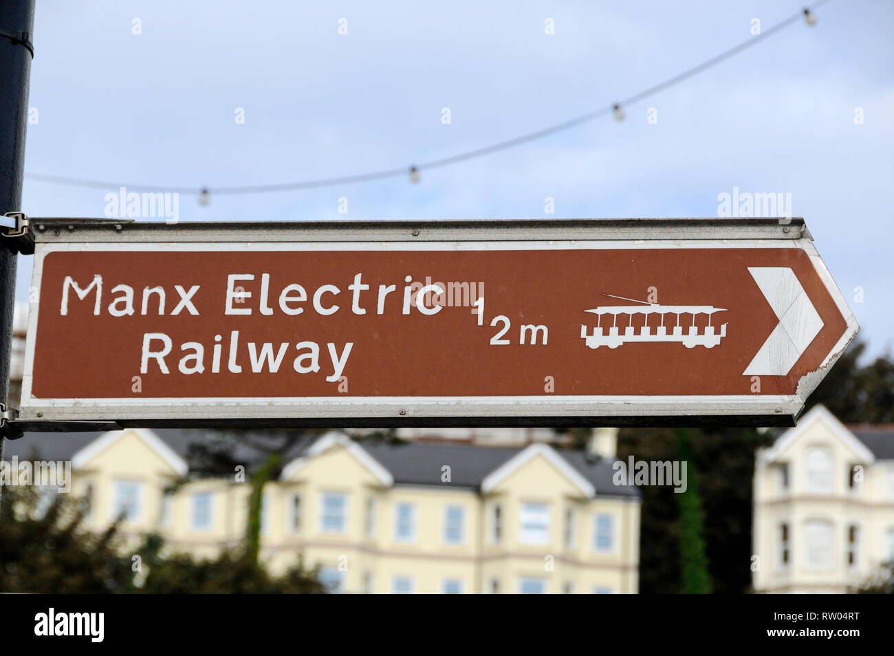 A  Manx Electric Railway road sign in Douglas in the Isle of Man,Britain Stock Photo
