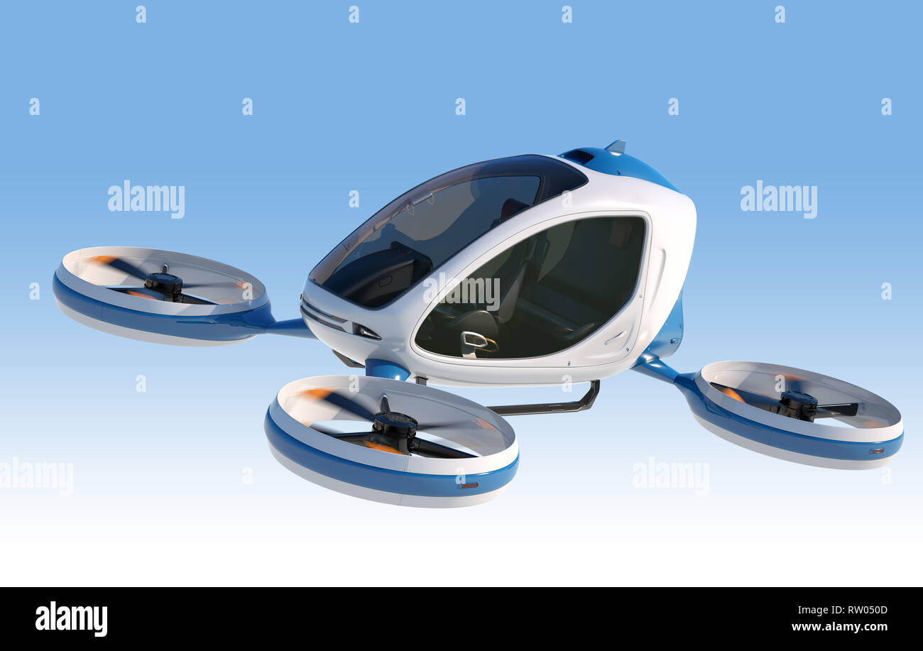 Electric Passenger Drone flying in the sky. This is a 3D model and doesn't exist in real life. 3D illustration Stock Photo