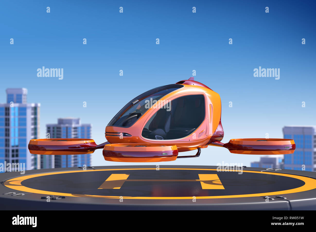 Passenger Drone landing on the top of a building. This is a 3D model and doesn't exist in real life. 3D illustration Stock Photo