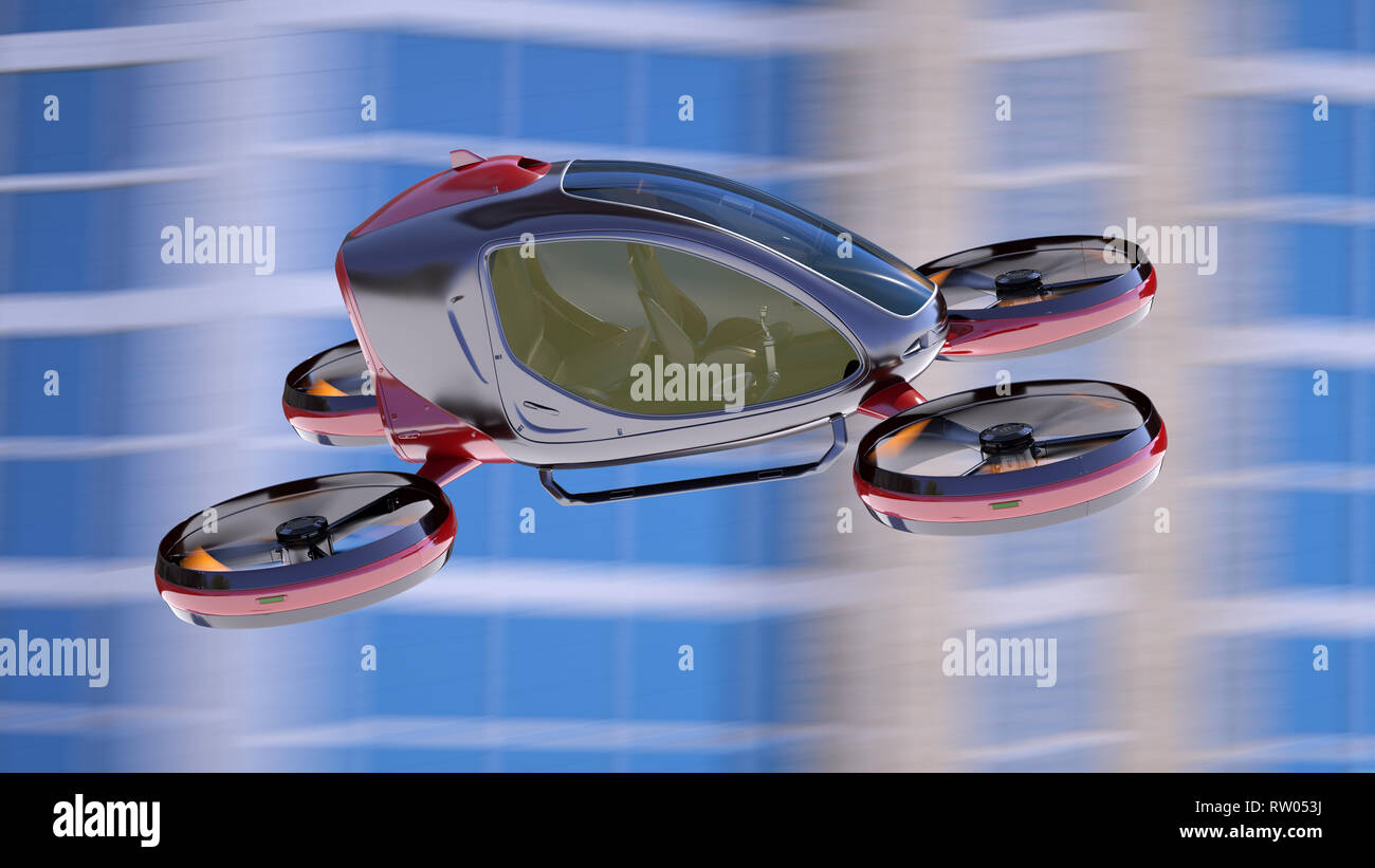 Electric Passenger Drone flying in front of buildings. This is a 3D model and doesn't exist in real life. 3D illustration Stock Photo