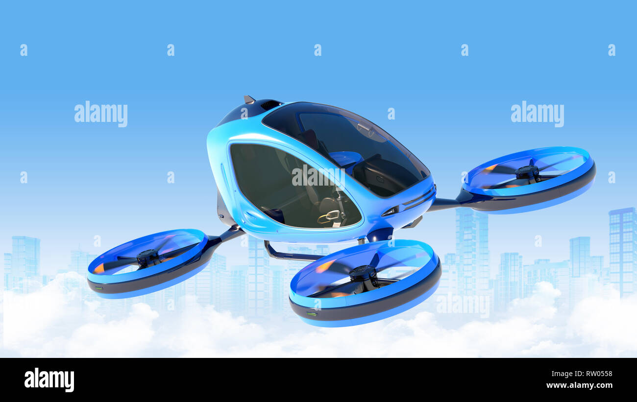 Electric Passenger Drone flying in front of buildings. This is a 3D model and doesn't exist in real life. 3D illustration Stock Photo