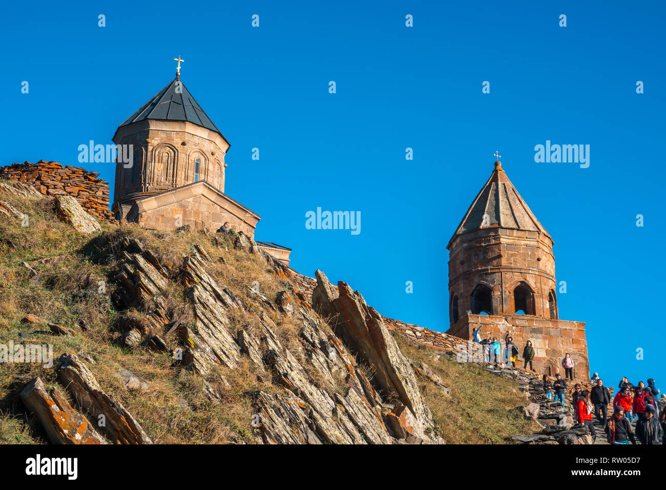 Gergeti, Gerogia - 06.10.2018: Gergeti Trinity Church in the mountains of the Caucasus, Geogria Stock Photo