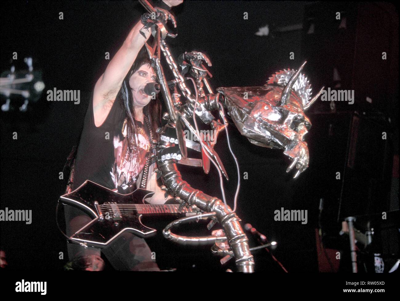 Singer, songwriter and guitarist Blackie Lawless of the heavy metal band W.A.S.P. is shown performing on stage during a 'live' concert appearance. Stock Photo