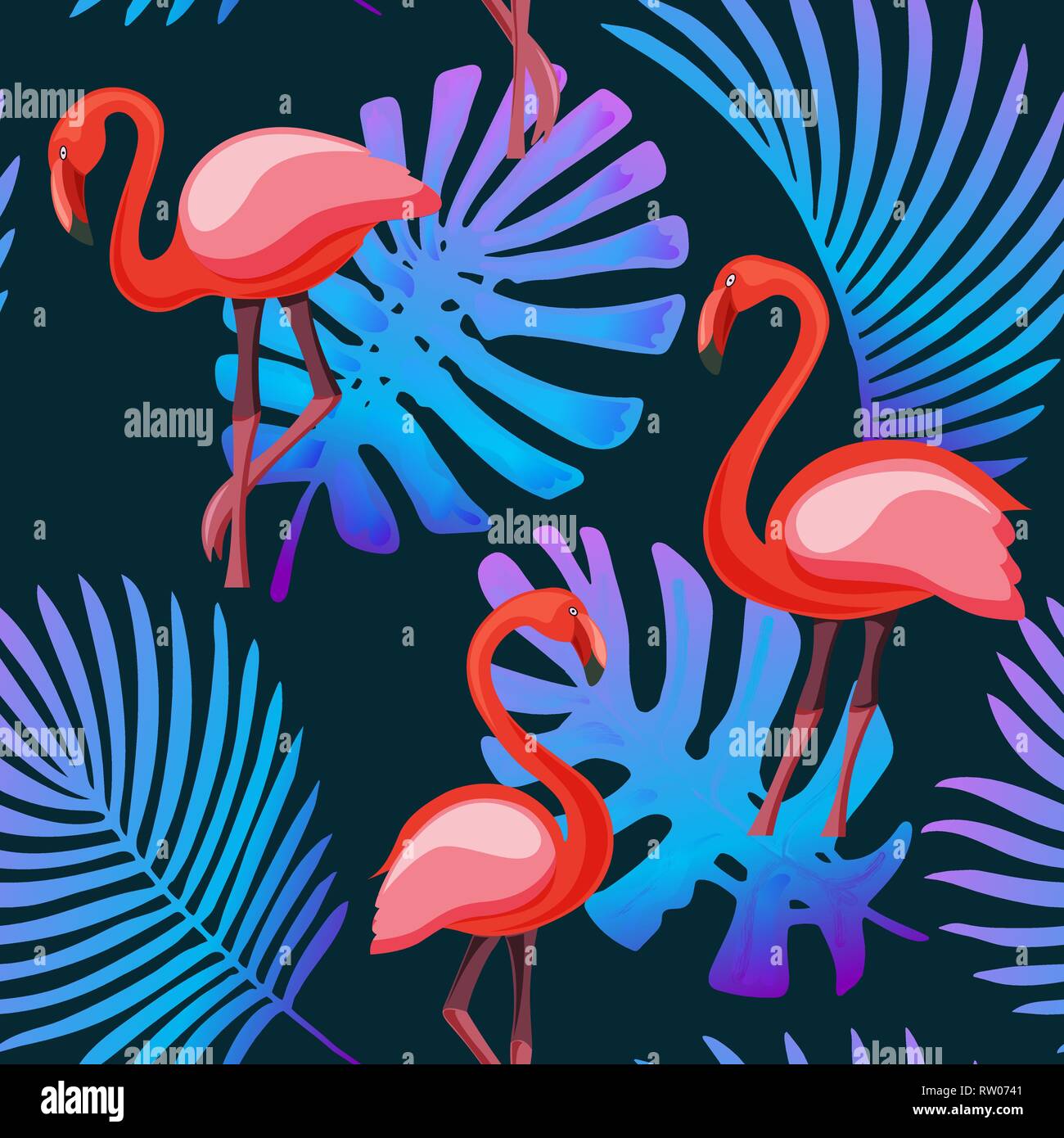 Flamingo, tropical plants neon fluorescent colors seamless pattern background Stock Vector