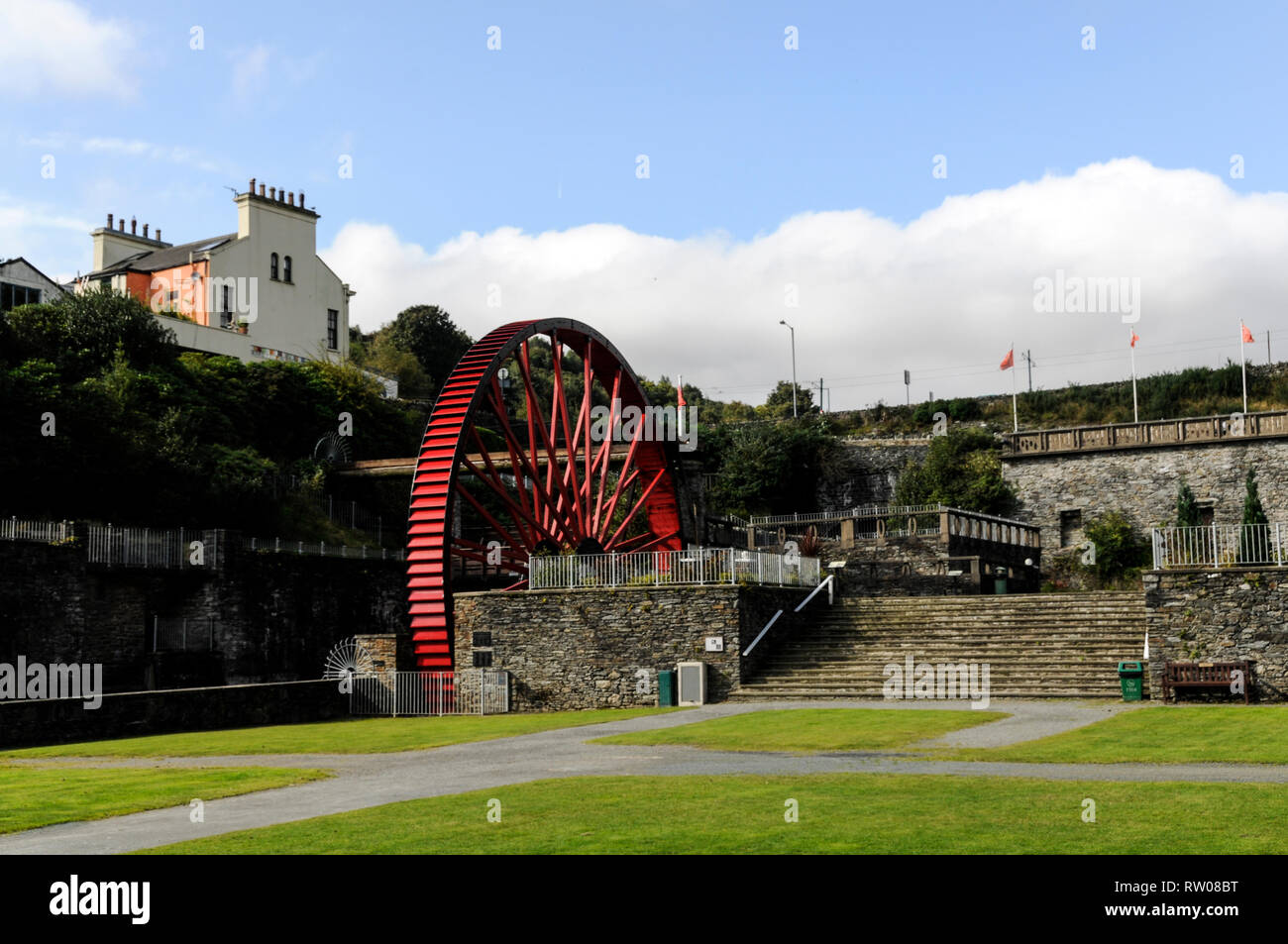 The smaller waterwheel at Laxey is called the Snaefell Wheel (also known as Lady Evelyn), and is situated 700 meter south of the larger Laxey Wheel in Stock Photo
