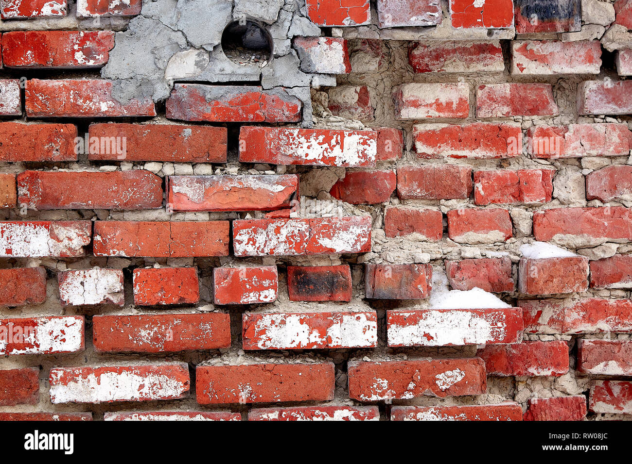 Background of old vintage dirty brick wall with peeling plaster ...