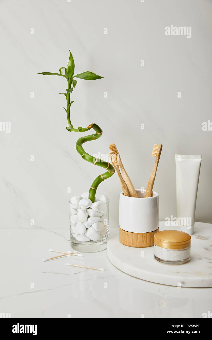bamboo toothbrushes in holder, cosmetic cream and toothpaste in tube on ...