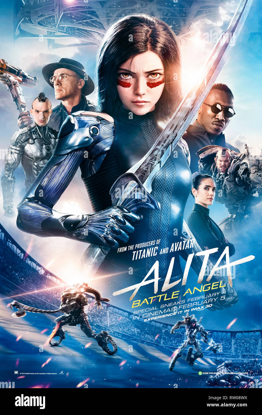 Alita: Battle Angel (2019) directed by Robert Rodriguez and starring Rosa Salazar, Christoph Waltz and Jennifer Connelly. A female cyborg fights back. Stock Photo