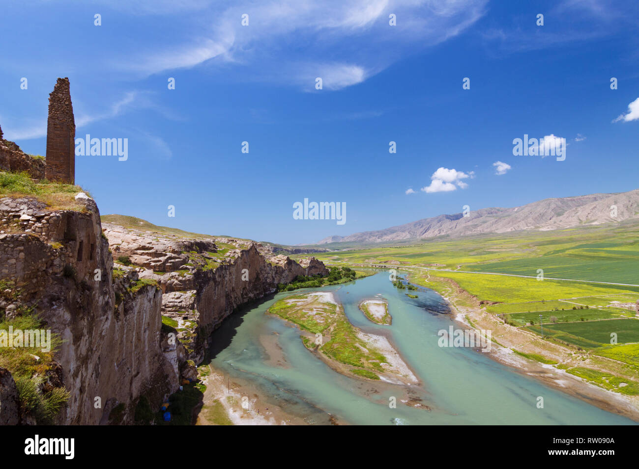 Hasankeyf, Batman province, Turkey Tigris river overhead across the
