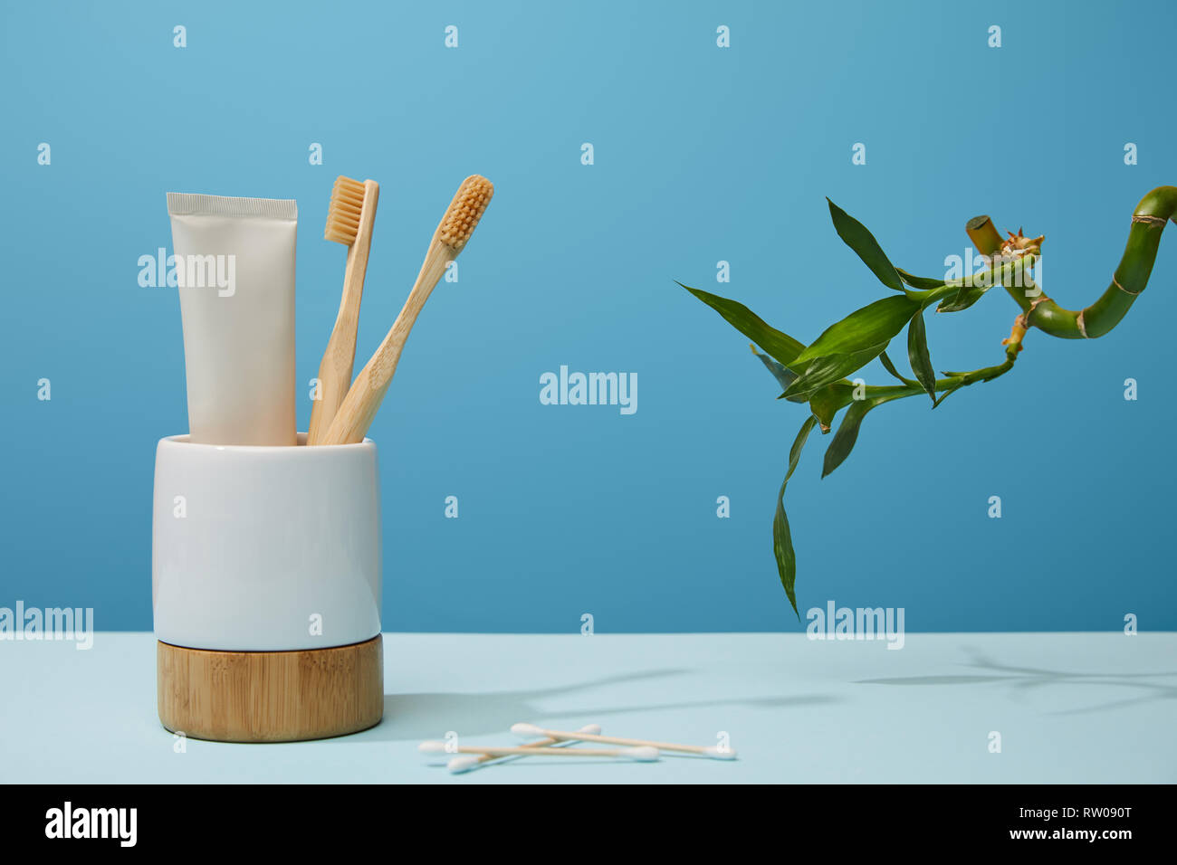 holder with toothbrushes, toothpaste in tube, ear sticks and green