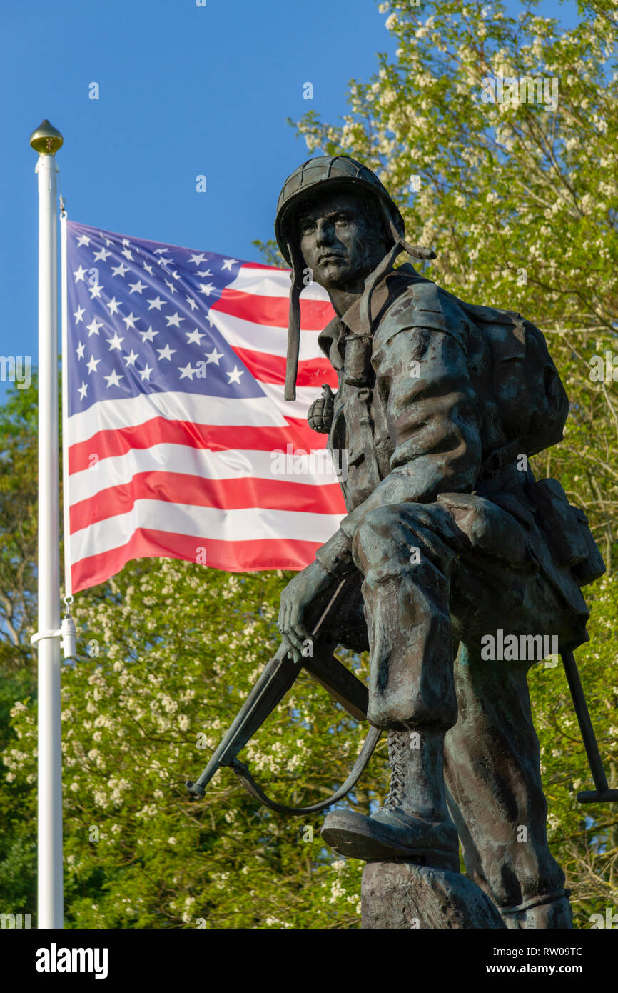 The ‘Iron Mike’ memorial to the 82nd Airborne and their D-Day 1944 capture & defense of the La Fière bridge, Normandy, France. Stock Photo