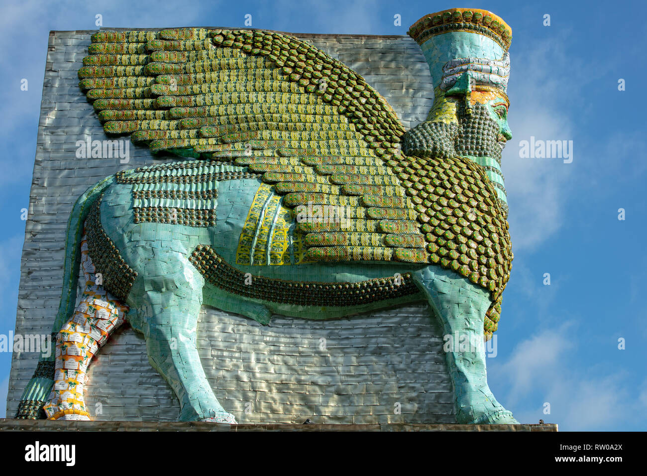 The replica lamassu statue, the original of which was destroyed by ISIS, created by artist Michael Rakowitz displayed on Trafalgar Square, London, UK. Stock Photo