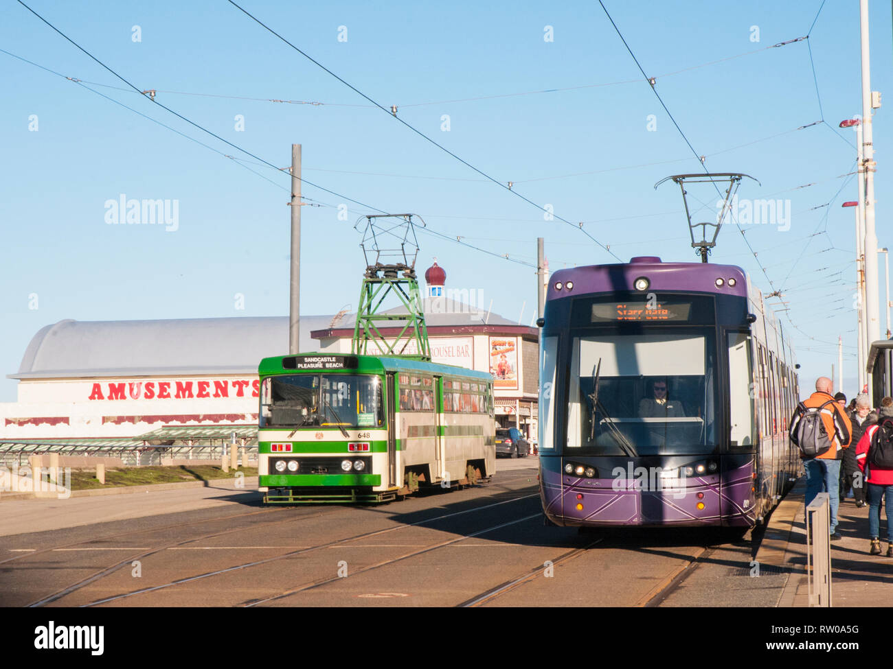 Heritage Centenary Tram 648 alongside BombardierFlexity 2 tram 001 that is one of the new trams that replaced the Centenary trams in 2012 Stock Photo