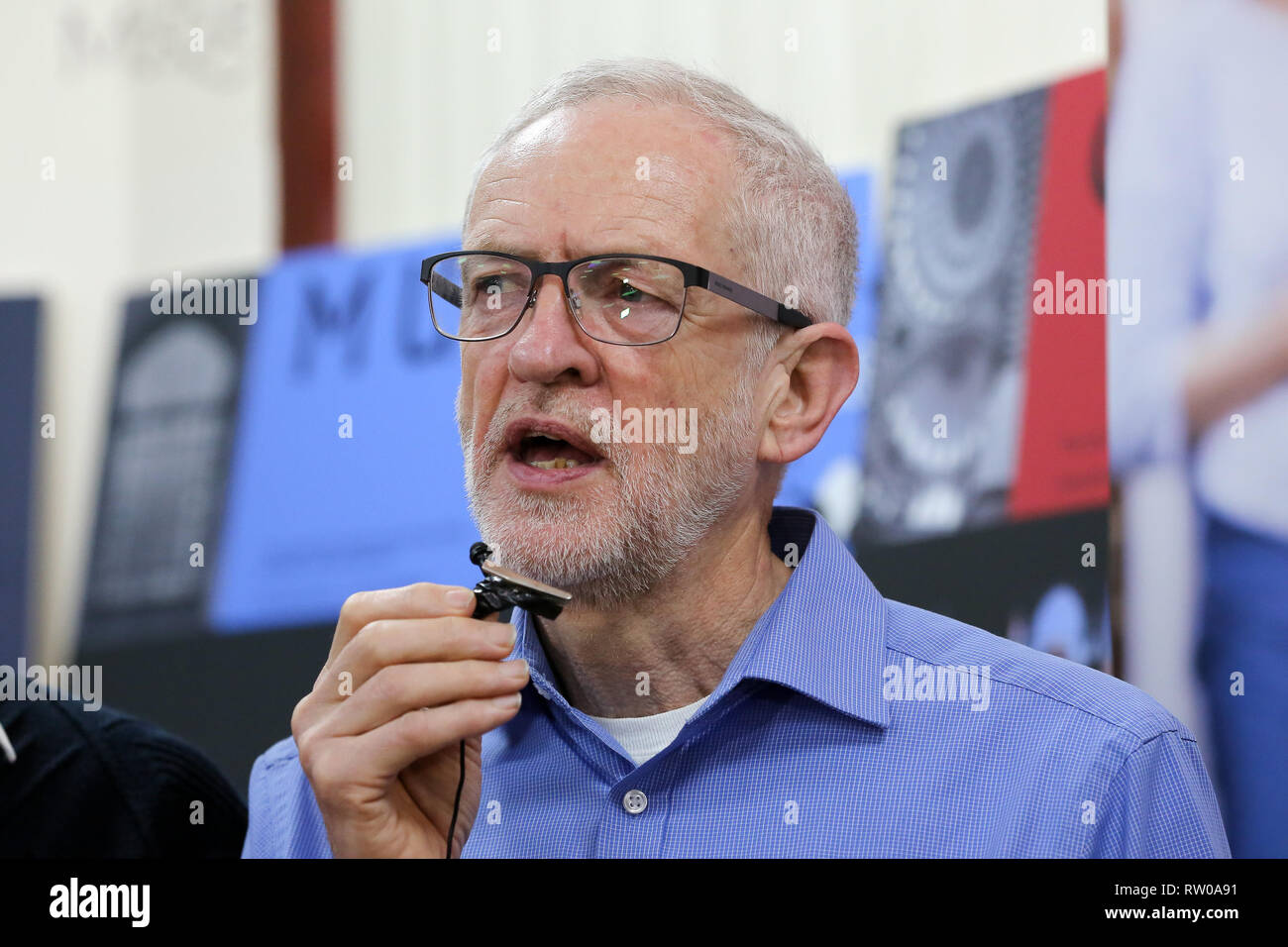 Labour leader Jeremy Corbyn is seen speaking during the fourth Visit My Mosque Day at Finsbury Park Mosque in North London. Over 250 mosques open their doors to non-Muslim guests and visitors on the fourth Visit My Mosque Day. This year the national event also encourages mosques to support Keep Britain Tidy's Great British Spring Clean campaign with many already taking part in cleaning their communities. Later a man thought to be a pro-Brexit campaigner was arrested after he pressed down an egg on Jeremy Corbyn’s head. Stock Photo