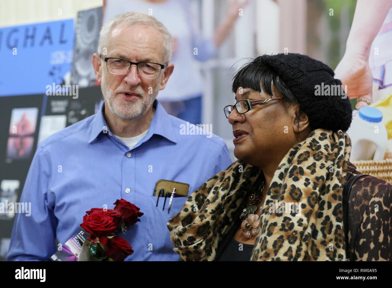 Labour leader Jeremy Corbyn and Diane Abbott, Shadow Home Secretary are seen during the fourth Visit My Mosque Day at Finsbury Park Mosque in North London. Over 250 mosques open their doors to non-Muslim guests and visitors on the fourth Visit My Mosque Day. This year the national event also encourages mosques to support Keep Britain Tidy's Great British Spring Clean campaign with many already taking part in cleaning their communities. Later a man thought to be a pro-Brexit campaigner was arrested after he pressed down an egg on Jeremy Corbyn’s head. Stock Photo