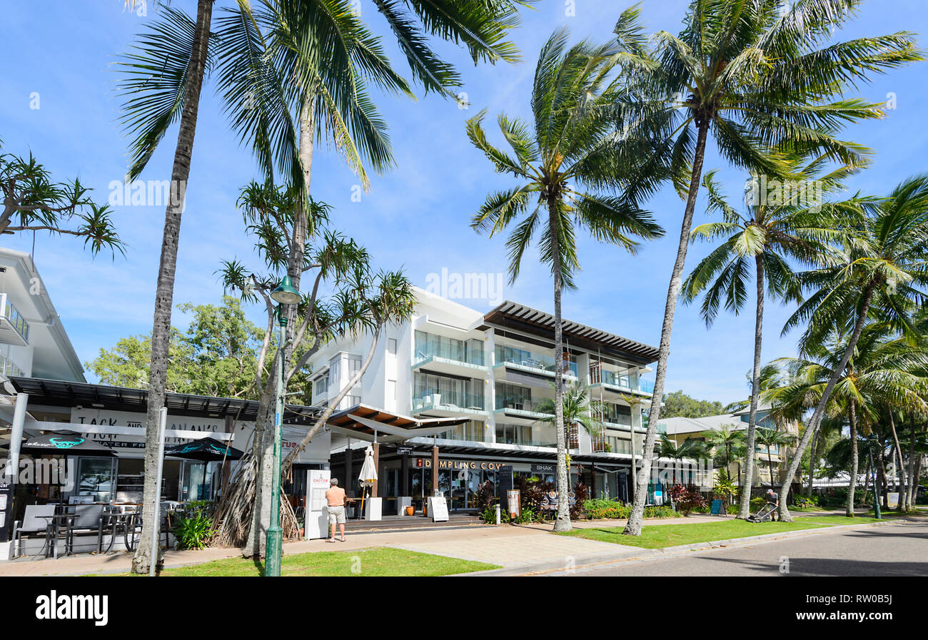 Restaurants and shops on the foreshore of trendy Palm Cove, Cairns Northern Beaches, Far North Queensland, QLD, FNQ, Australia Stock Photo