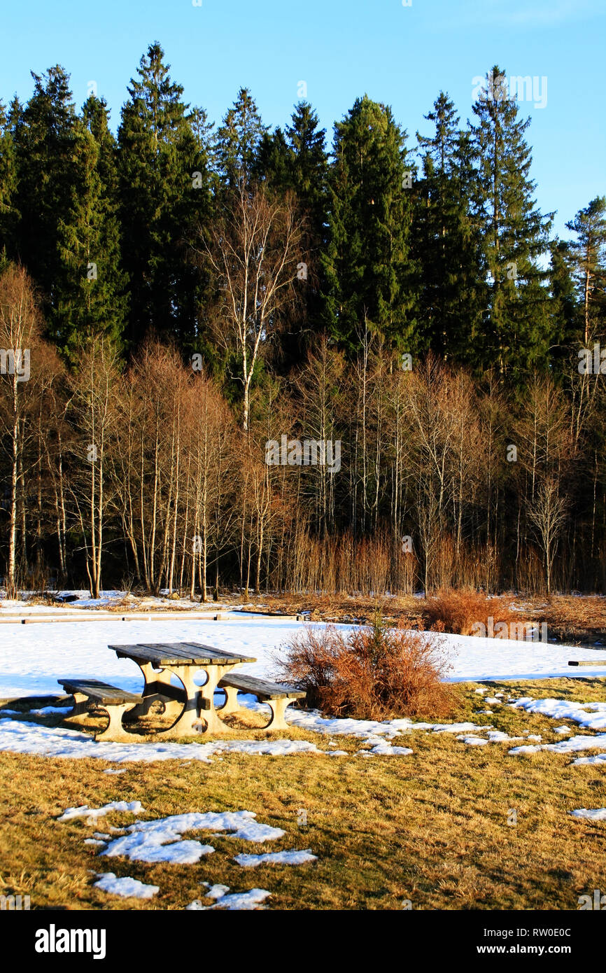 Picnic area, winter time - nordic landscape Stock Photo