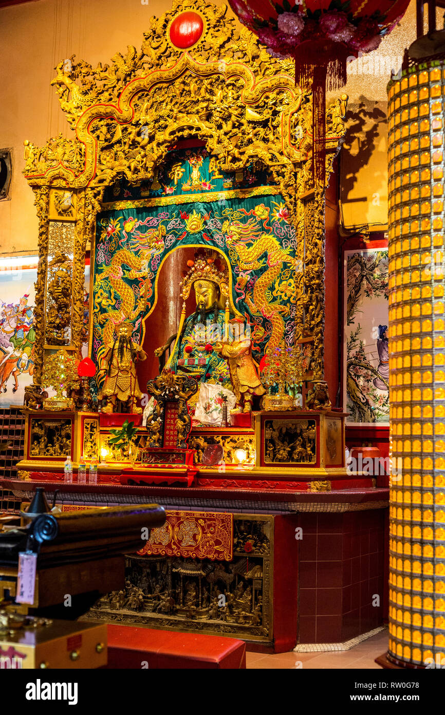 Guan Di (Kuan Ti) Altar, God of War, Taoist Temple, Chinatown, Kuala Lumpur, Malaysia. Stock Photo