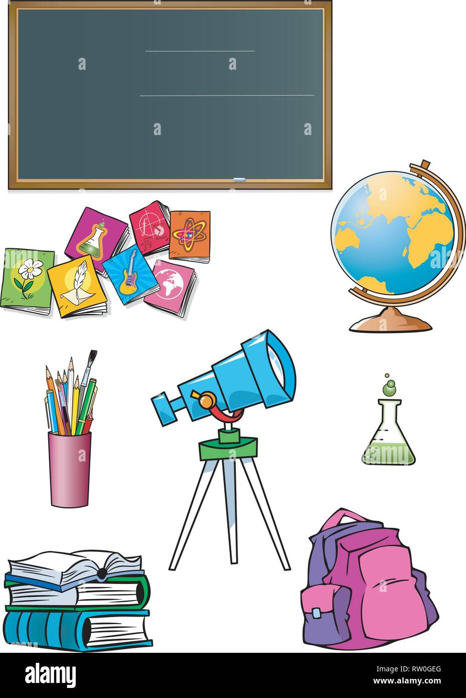 The illustration shows a group of school subjects and attributes of the classroom. Illustration done on separate layers, isolated on white background. Stock Vector
