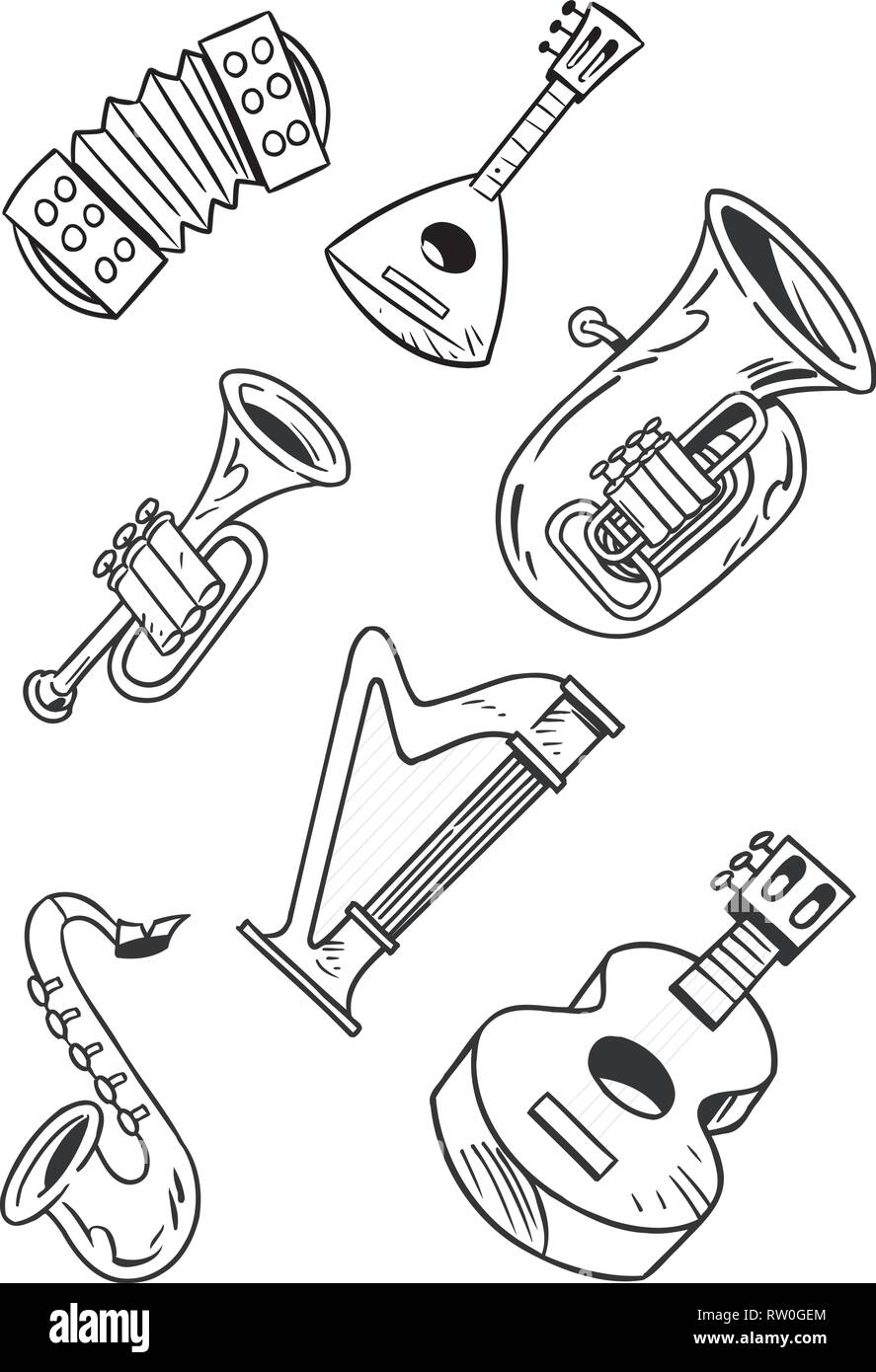 The illustration shows some string and wind musical instruments. Illustration done on separate layers, black contour, isolated on white background Stock Vector