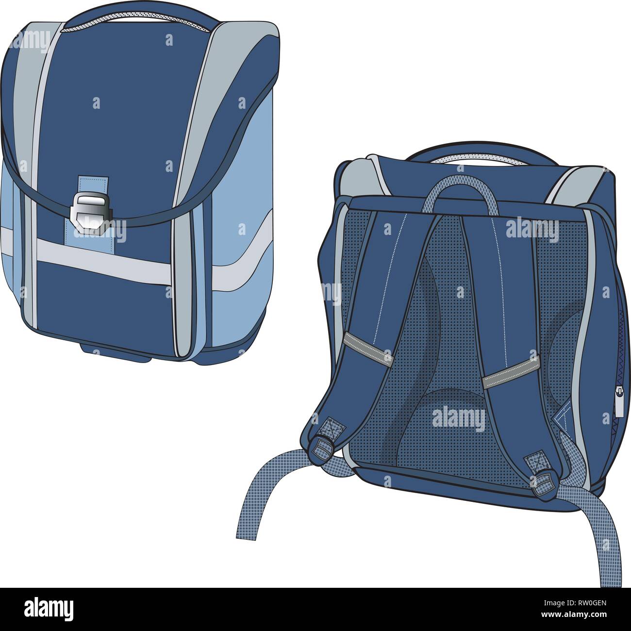 The illustration shows a model school backpack dark blue in different positions. Stock Vector