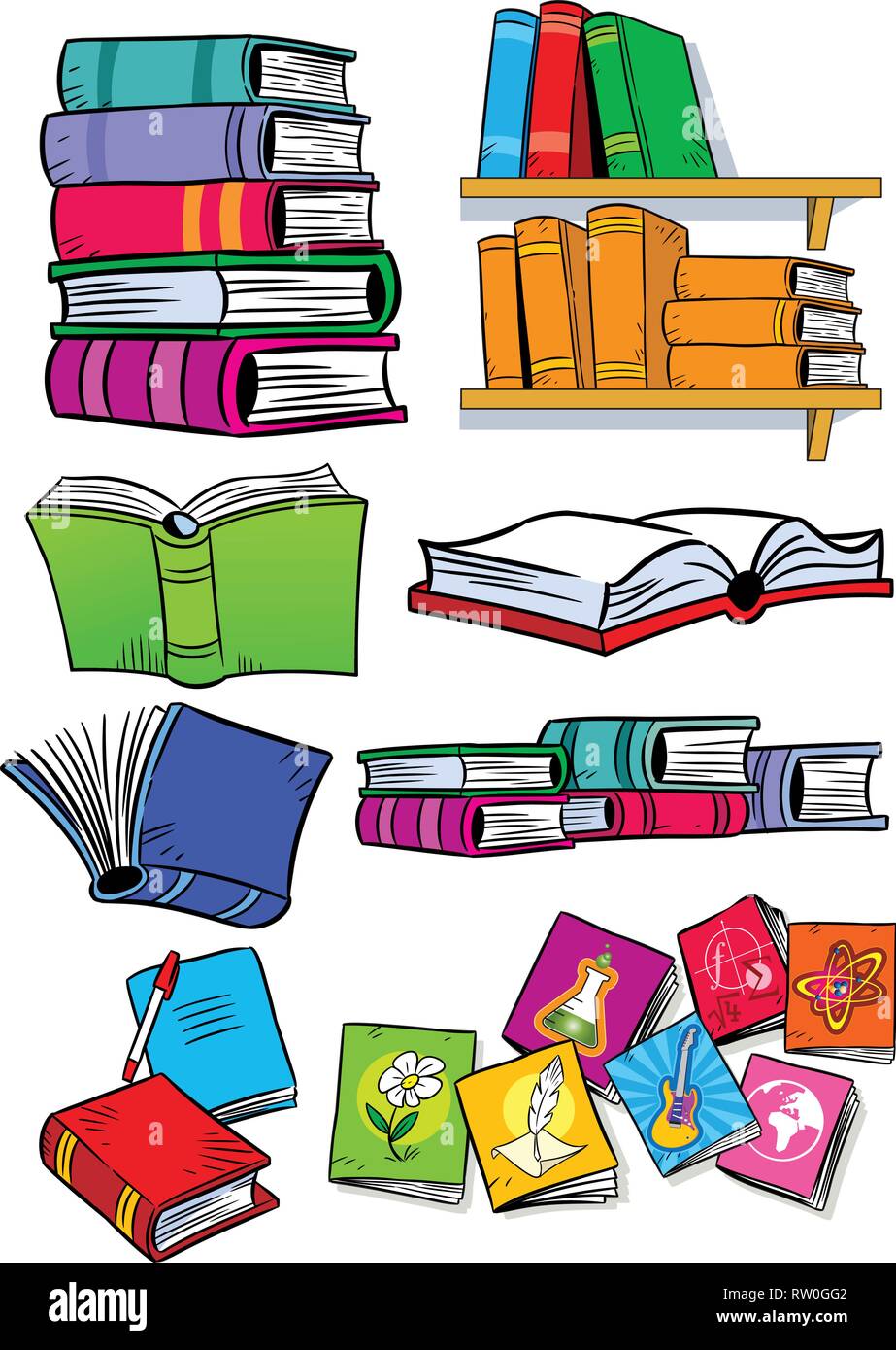 On vector illustration shows some types of books. Objects isolated on a white background, on separate layers, in a cartoon style. Stock Vector