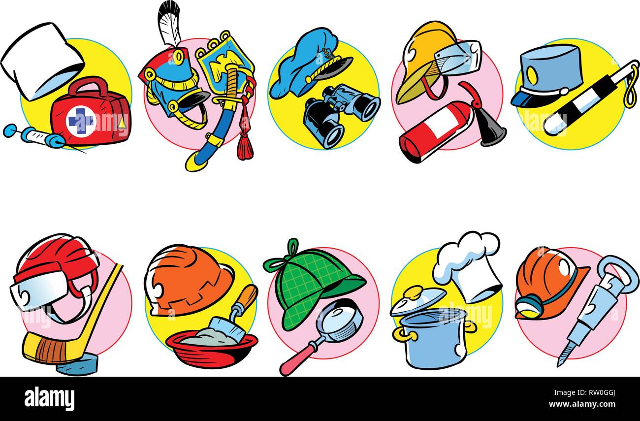 The illustration shows a wide variety of professional headgears, as well as tools, attributes, and accessories for them. Illustration done in cartoon  Stock Vector