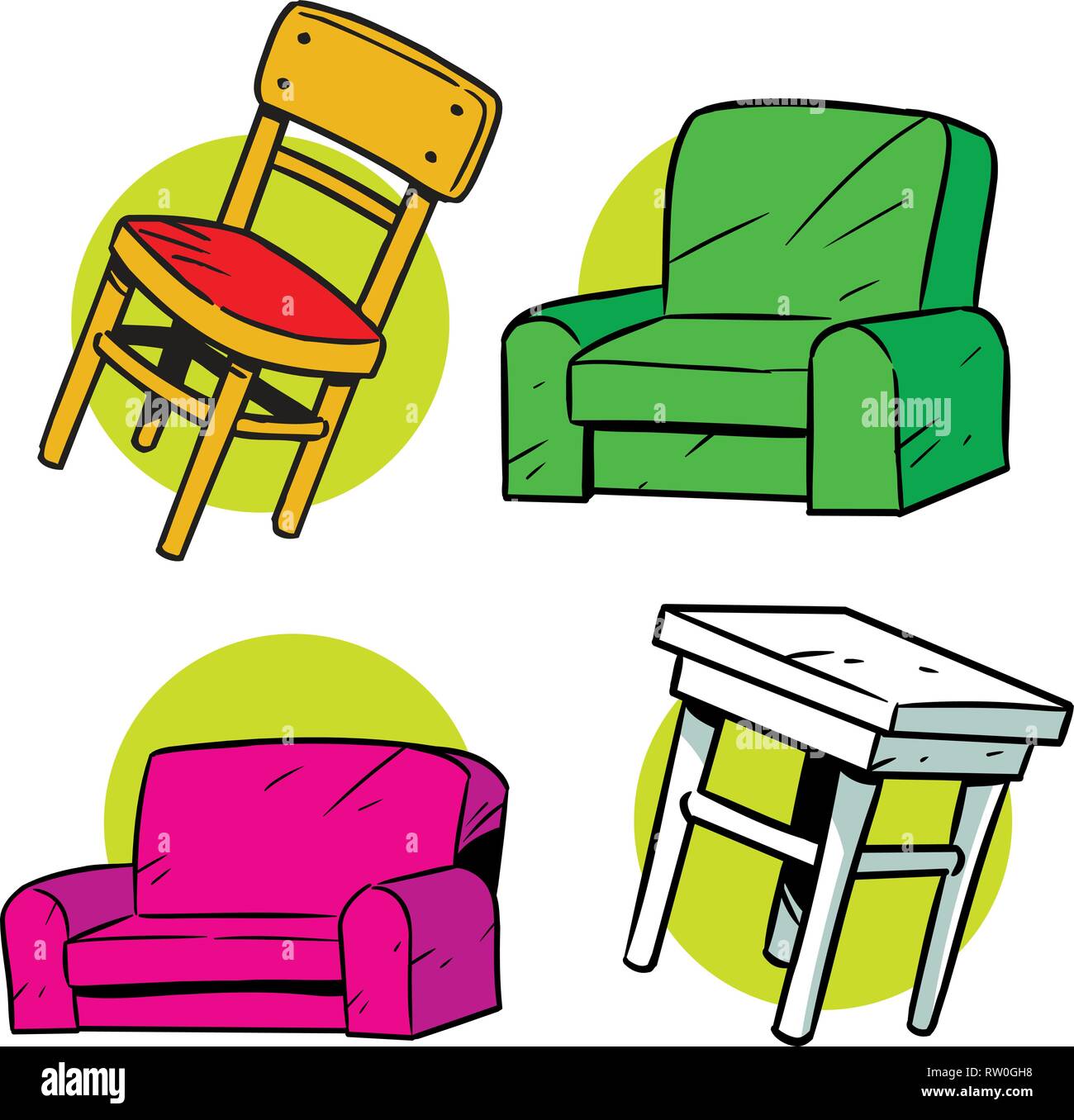 The illustration shows several items furniture. Illustration is presented in cartoon style on separate layers. Stock Vector