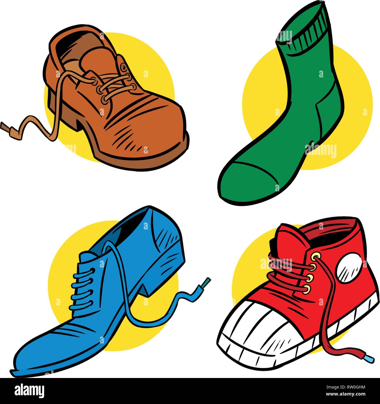 The illustration shows several shoes. Illustration is presented in cartoon style on separate layers. Stock Vector