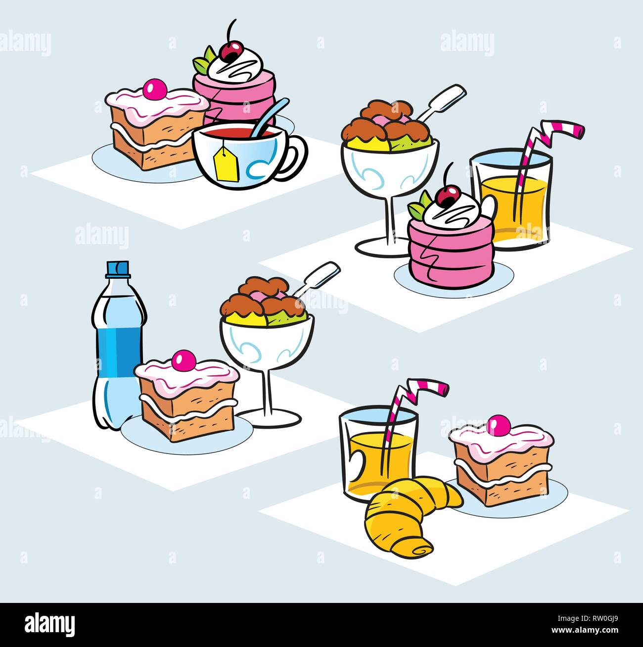 The illustration shows some types of cakes, desserts, ice cream and drinks. Illustration done in cartoon style, on separate layers. Stock Vector