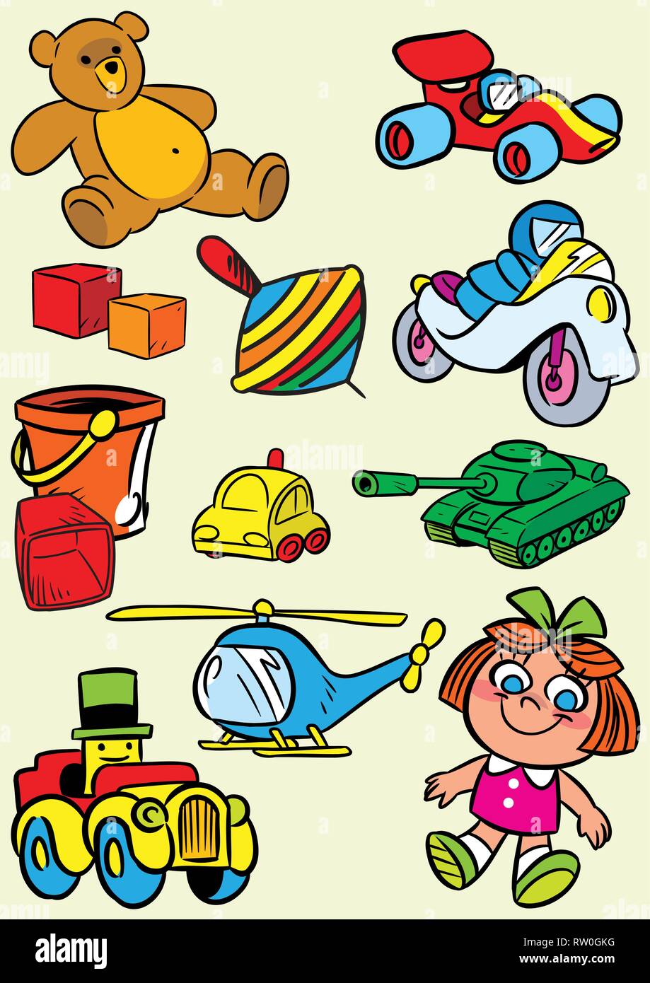 The illustration shows the big heap of colorful childrens toys. Illustration done in cartoon style. Stock Vector