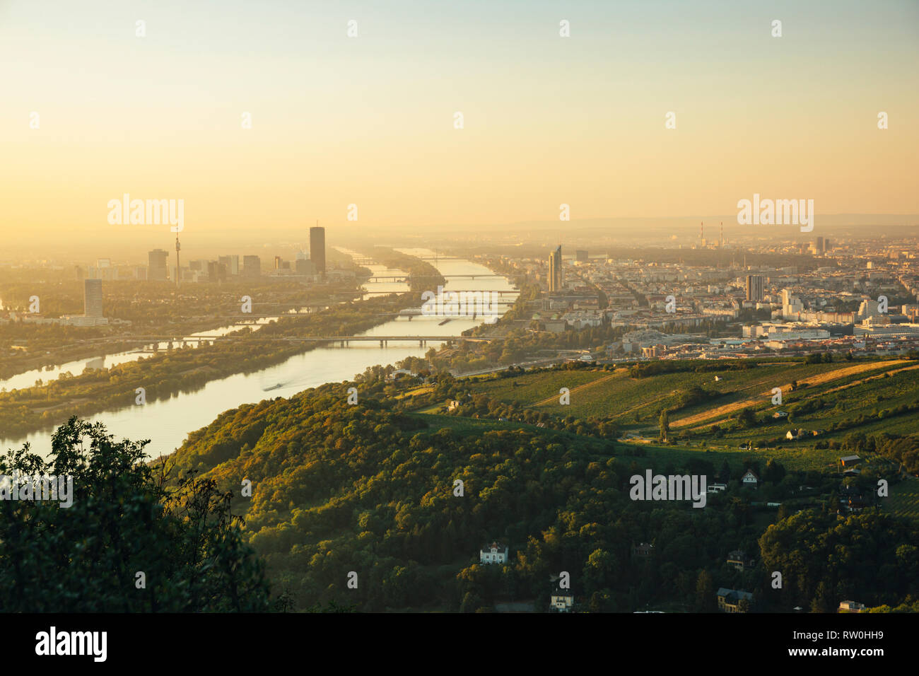 View from Kahlenberg at Vienna at sunrise, Vienna, Austria Stock Photo