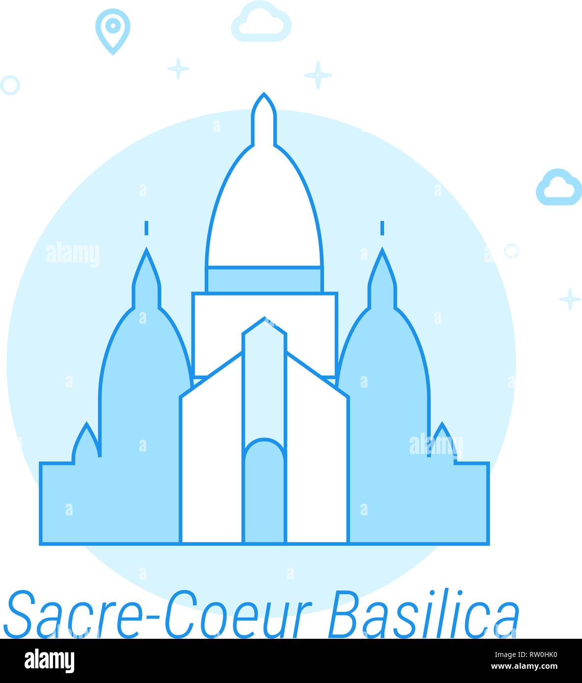 Basilica of the Sacred Heart of Paris Flat Vector Icon. Historical Landmark Illustration. Light Flat Style. Blue Monochrome Design. Editable Stroke. Stock Vector