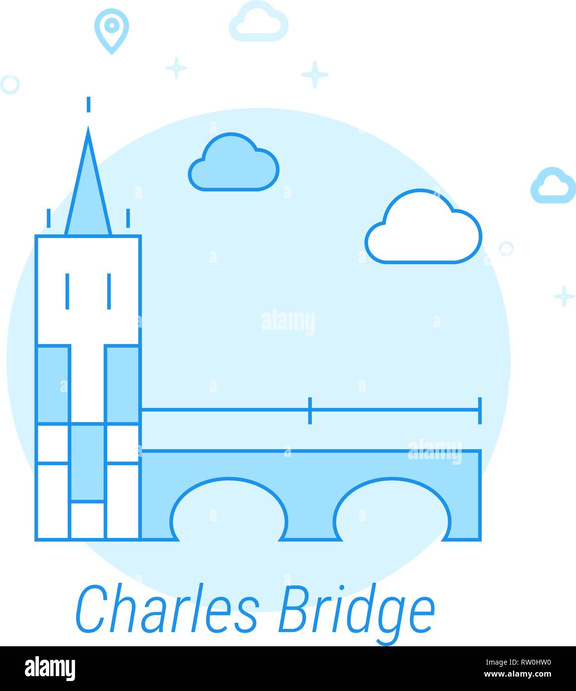 Charles Bridge, Prague Flat Vector Icon. Historical Landmarks Related Illustration. Light Flat Style. Blue Monochrome Design. Editable Stroke. Stock Vector