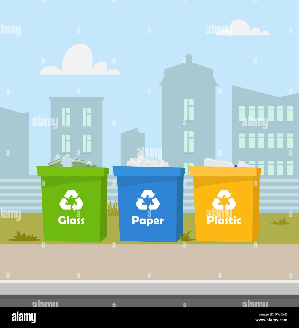 Containers with waste. Recycling and sorting garbage. City landscape on background. Blue, green, yellow trash bins with recycling symbols. Containers  Stock Vector