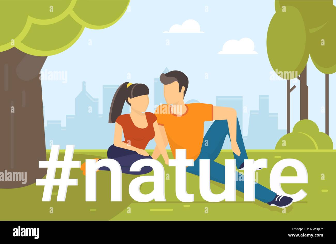 Hashtag nature flat vector concept illustration of young teenage couple