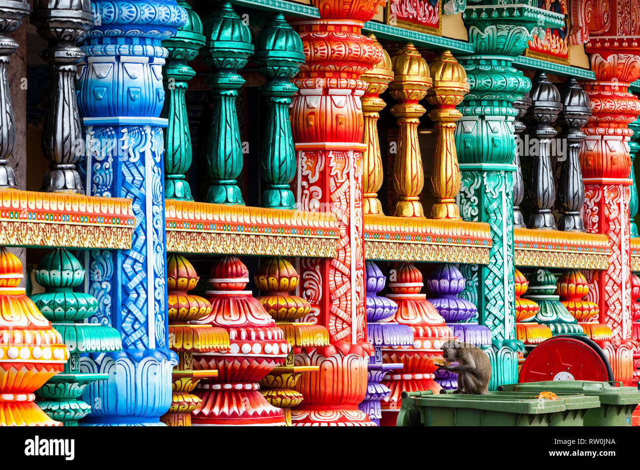 Batu Caves, Columns of Hindu Temple at Base of Stairs Leading to Caves, Selangor, Malaysia. Stock Photo