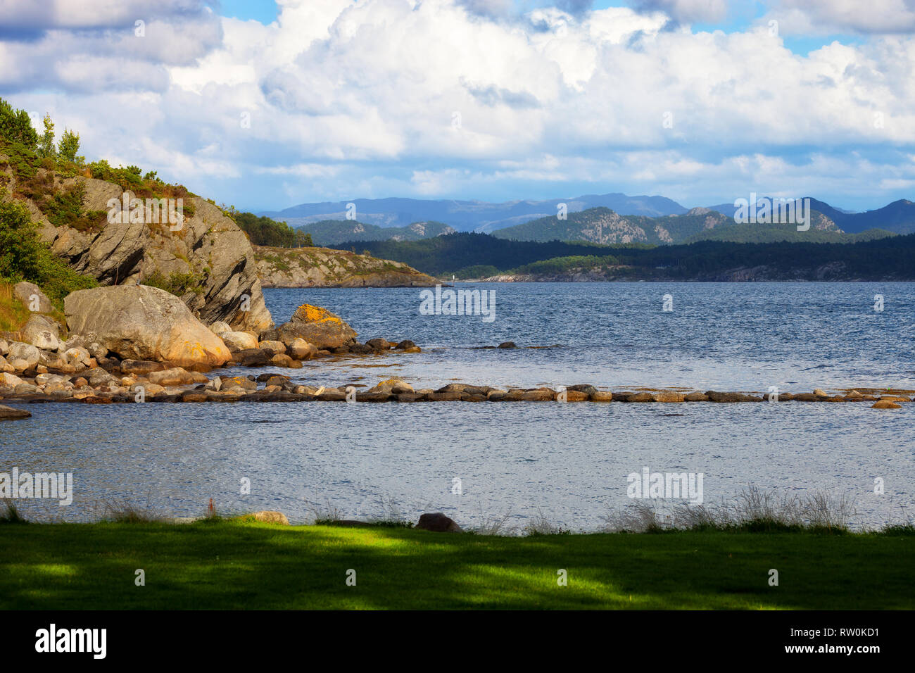 Colorful summer landscape with sea and mountains in Norway. Stock Photo
