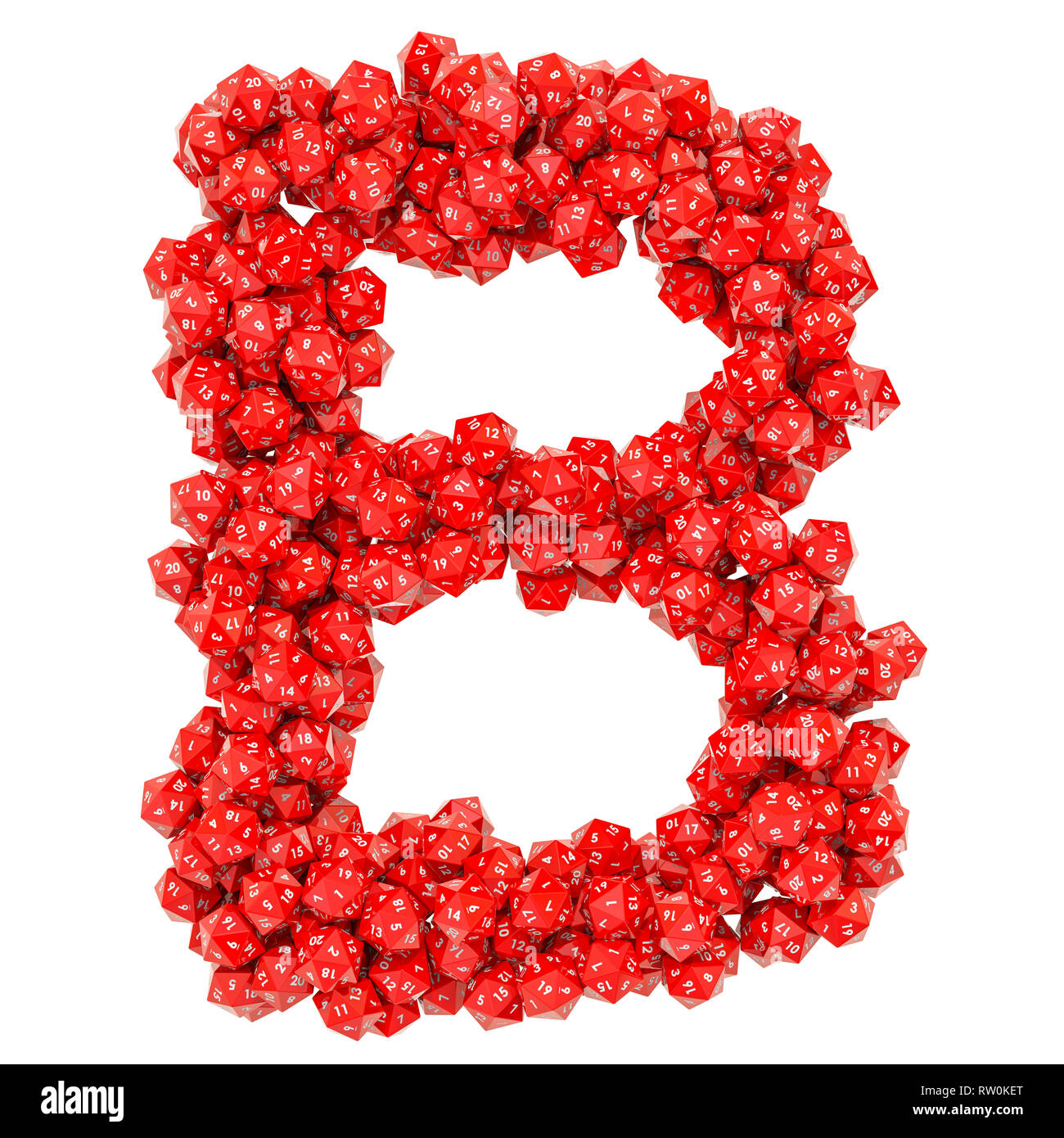 Alphabet letter B from red twenty-sided dice, 3D rendering isolated on white background Stock Photo