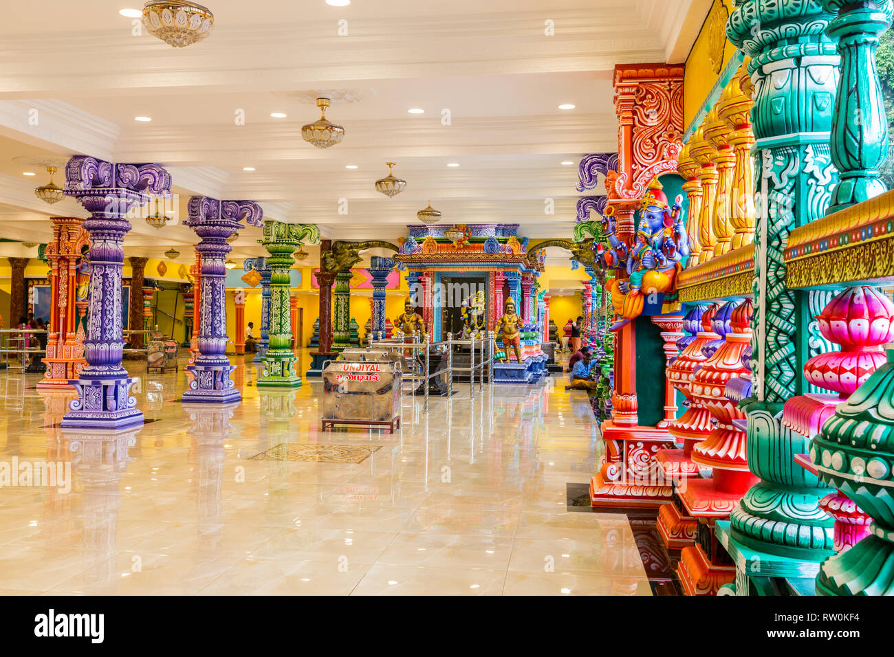 Batu Caves, Hindu Temple Interior at bottom of Steps, Selangor, Malaysia. Stock Photo