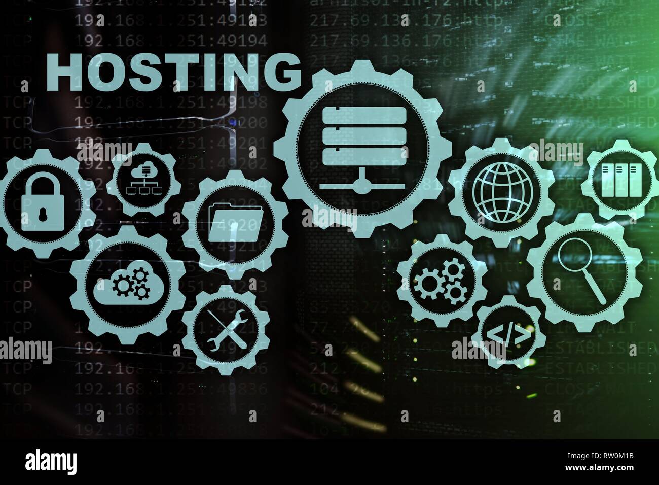 Web Hosting Technology Internet and Networking Concept. On Server room background. Virual screen Stock Photo