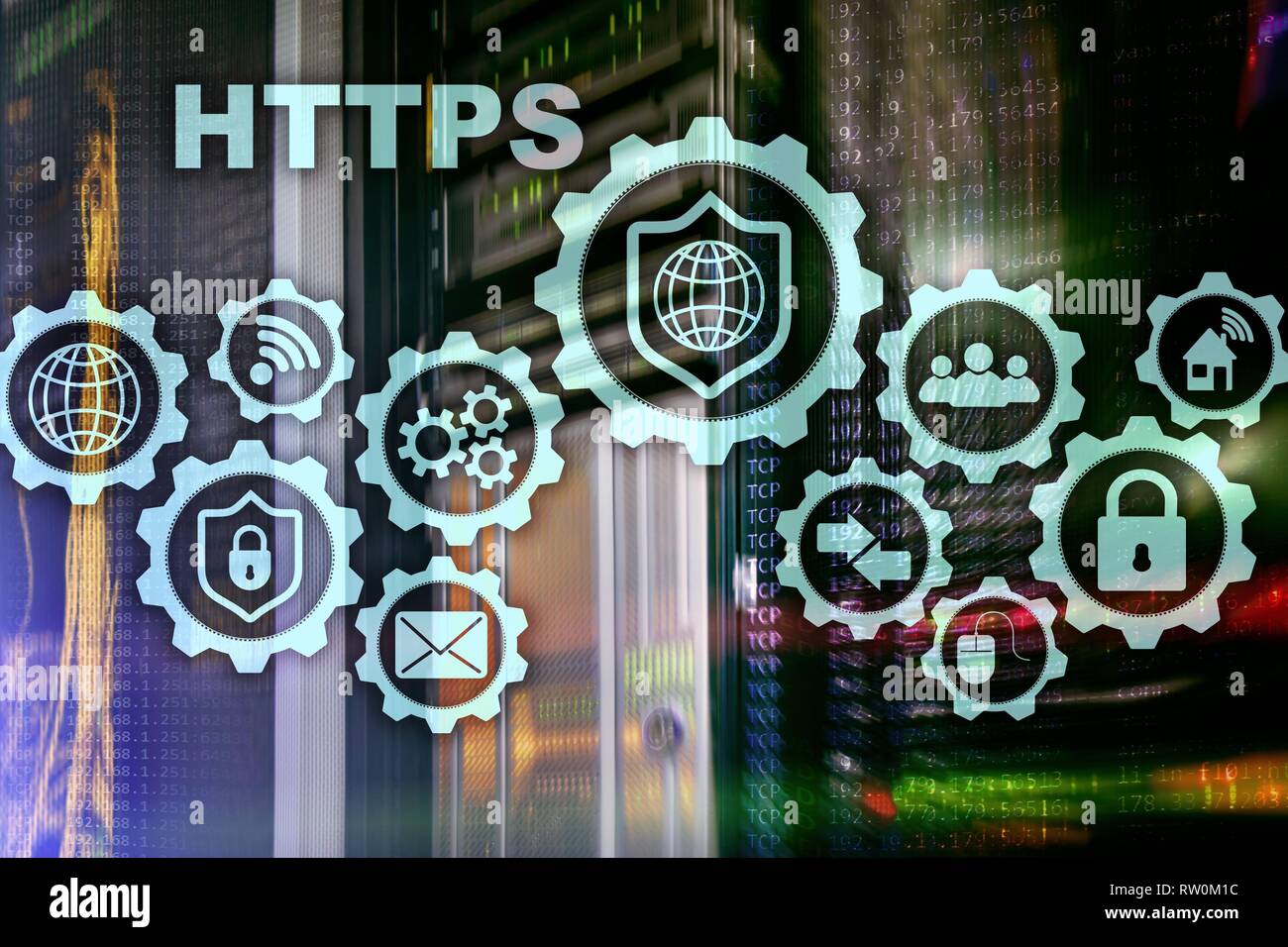 HTTPS. Hypertext Transport Protocol Secure. Technology Concept on Server Room Background. Virtual Icon for network security web service Stock Photo