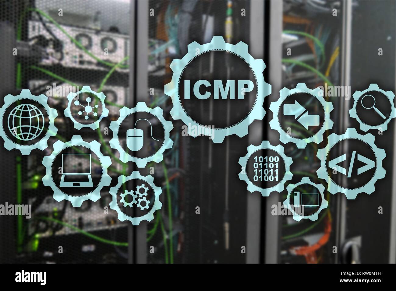 ICMP. Internet Control Message Protocol. Network concept. Server room on background. Stock Photo